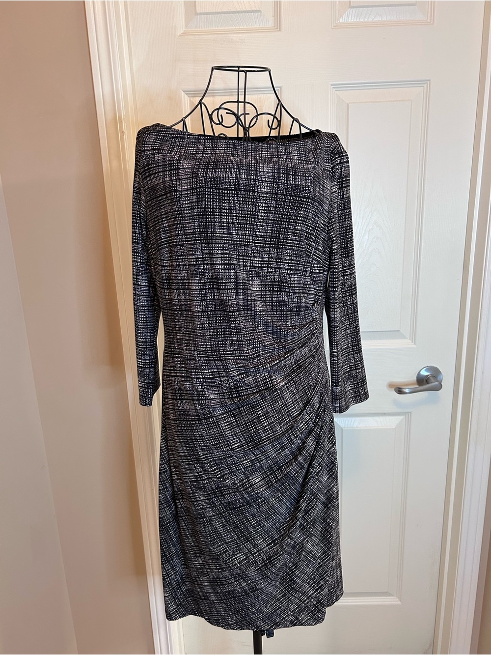 Ralph Lauren Black & White Long Sleeve Ruched Sheath Dress